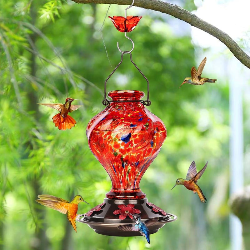 BOLITE Hummingbird Feeder, Glass Hummingbird Feeders for Outdoors Hanging, Hand Blown Twisted with Ant Moat and Five Feeding Ports, 24 Ounces, Leak Proof, Red, Gifts for Women Men, Gifts for Mom Dad - Image 4